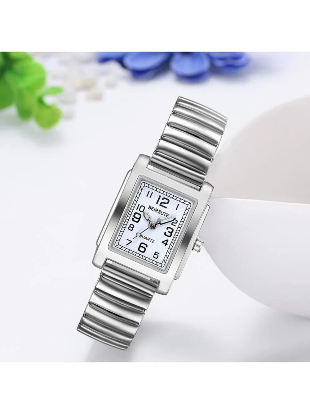 Women's Silver Analog Quartz Small Dial Easy Reader Stretch Band Square Watch
